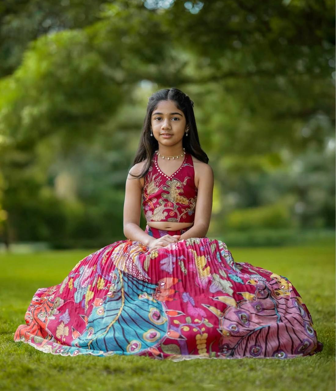 Girls Designer Peacock Print Lehenga Choli Set