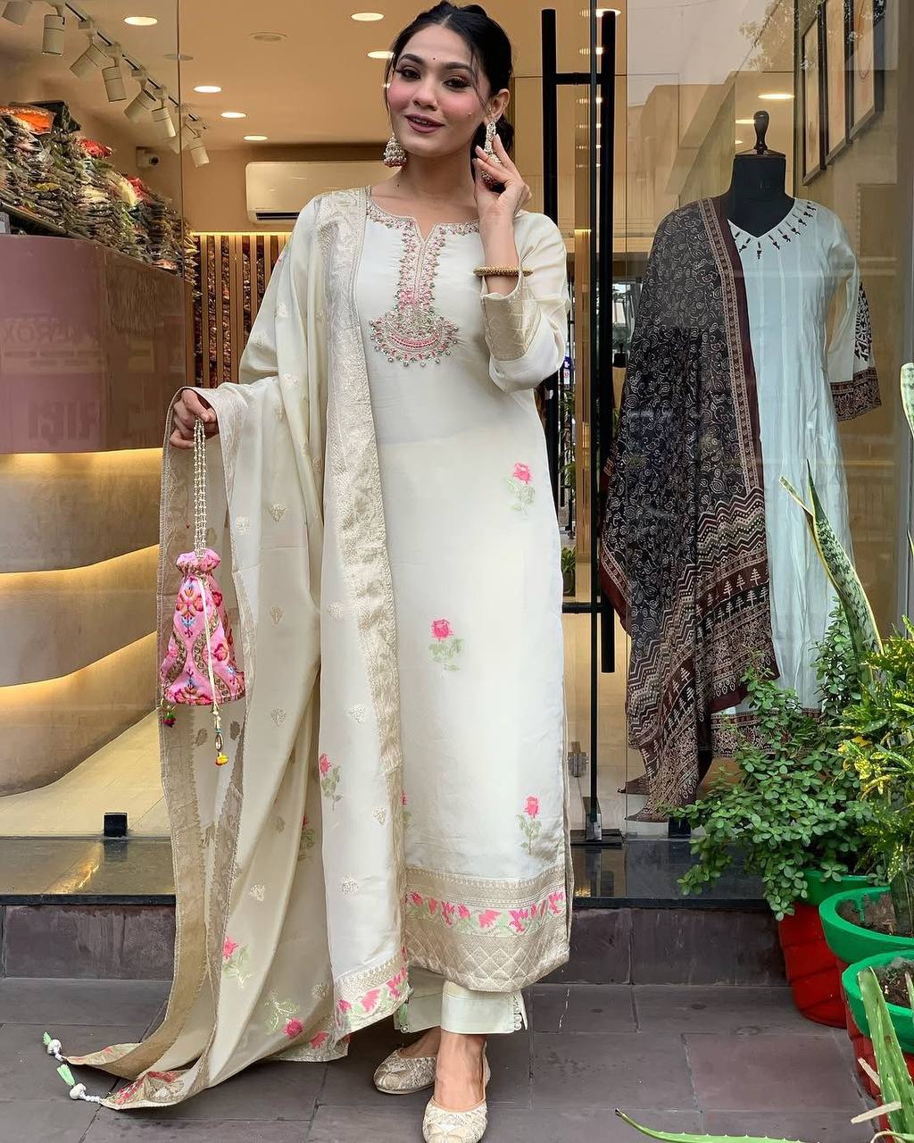 Cream Floral Embroidered Kurta Palazzo Set with Zari Dupatta