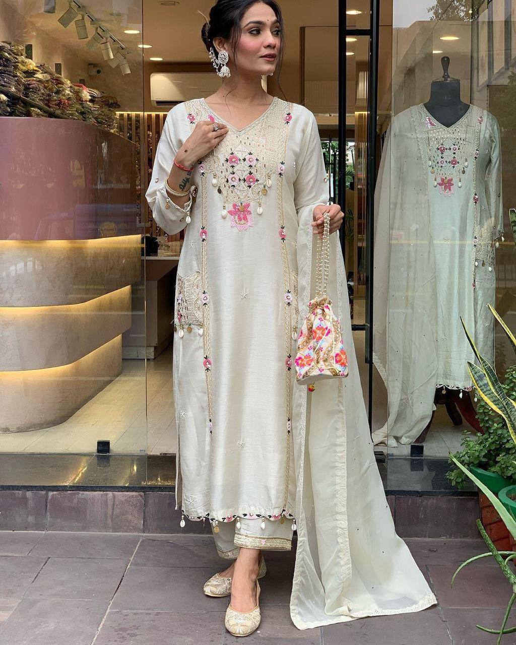 Off White Embroidered Kurta Palazzo Set with Dupatta