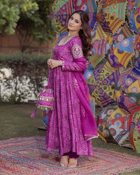 Purple Bandhani Print Anarkali Kurta Set with Dupatta for Women