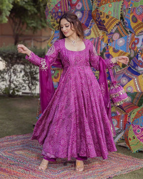 Purple Bandhani Print Anarkali Kurta Set with Dupatta for Women