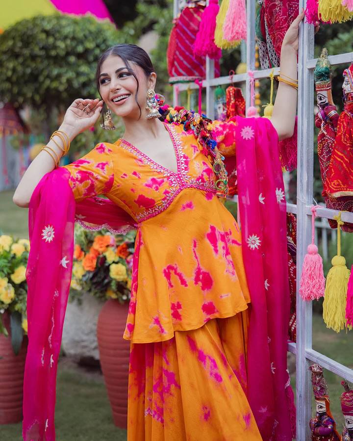 Mustard Yellow & Pink Printed Lehenga Choli Set with Dupatta for Women