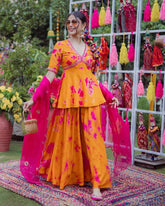 Mustard Yellow & Pink Printed Lehenga Choli Set with Dupatta for Women