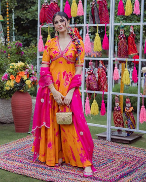 Mustard Yellow & Pink Printed Lehenga Choli Set with Dupatta for Women