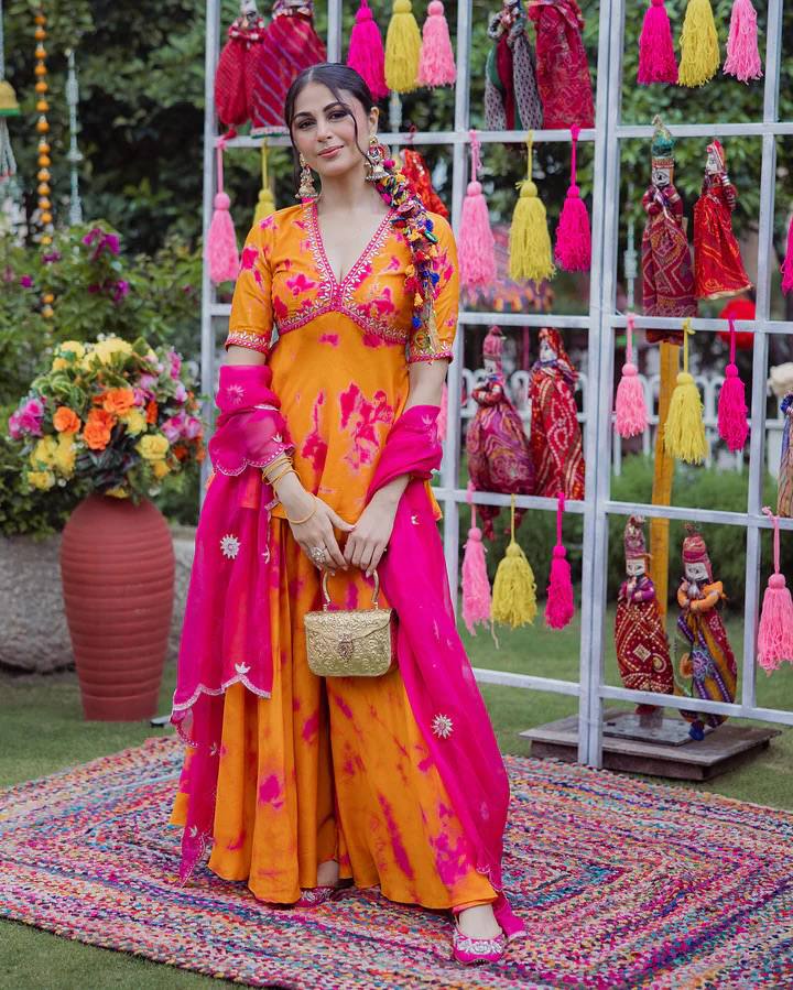 Mustard Yellow & Pink Printed Lehenga Choli Set with Dupatta for Women