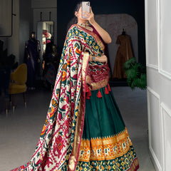Glamgait Green Patola Lehenga Choli with Banarasi Border & Traditional Printed Dupatta for Women