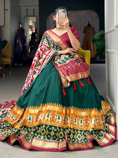 Glamgait Green Patola Lehenga Choli with Banarasi Border & Traditional Printed Dupatta for Women