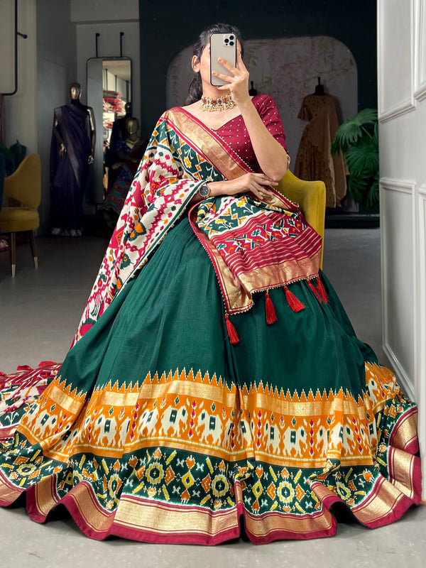 Glamgait Green Patola Lehenga Choli with Banarasi Border & Traditional Printed Dupatta for Women