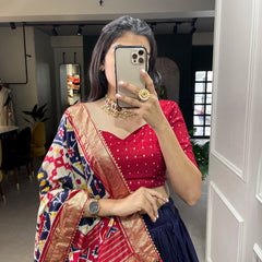 Glamgait Navy Blue Patola Lehenga Choli with Banarasi Border & Traditional Printed Dupatta