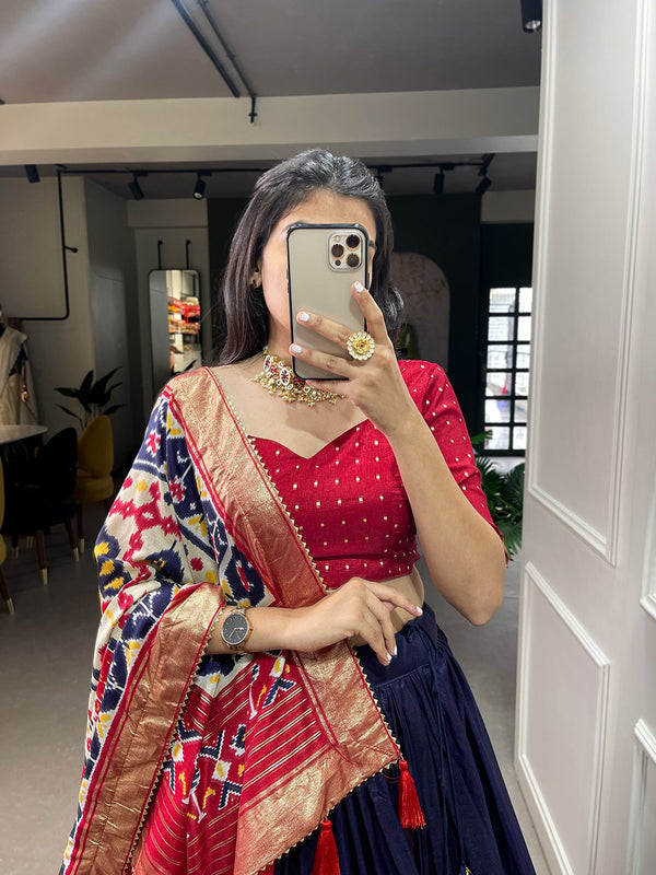 Glamgait Navy Blue Patola Lehenga Choli with Banarasi Border & Traditional Printed Dupatta