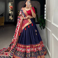 Glamgait Navy Blue Patola Lehenga Choli with Banarasi Border & Traditional Printed Dupatta