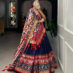 Glamgait Navy Blue Patola Lehenga Choli with Banarasi Border & Traditional Printed Dupatta