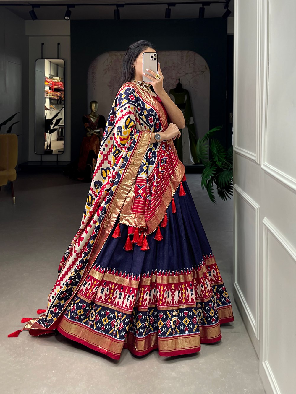 Glamgait Navy Blue Patola Lehenga Choli with Banarasi Border & Traditional Printed Dupatta