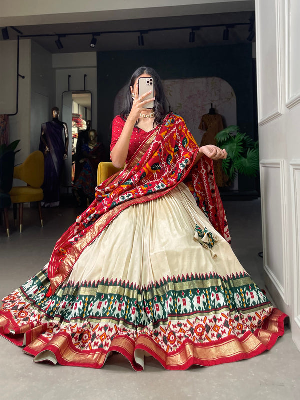 Glamgait Cream Patola Lehenga Choli with Red Printed Dupatta & Banarasi Border