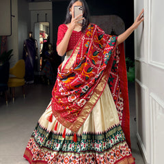 Glamgait Cream Patola Lehenga Choli with Red Printed Dupatta & Banarasi Border