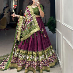 Glamgait Wine & Olive Green Patola Lehenga Choli with Banarasi Border & Printed Dupatta