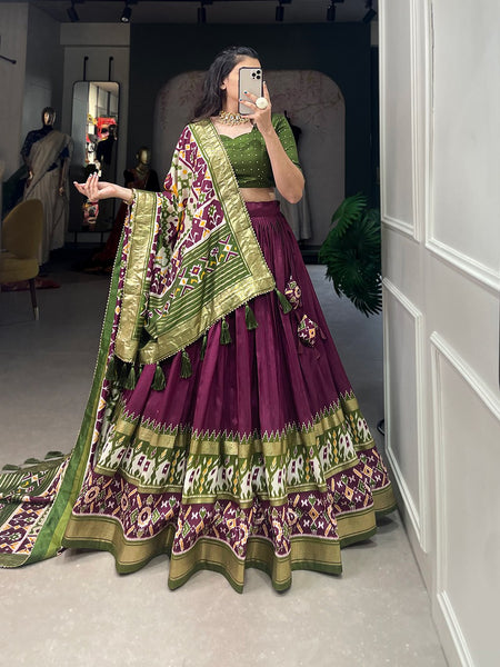 Glamgait Wine & Olive Green Patola Lehenga Choli with Banarasi Border & Printed Dupatta