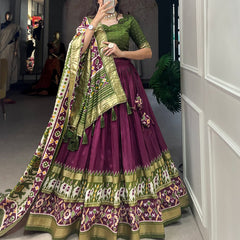 Glamgait Wine & Olive Green Patola Lehenga Choli with Banarasi Border & Printed Dupatta