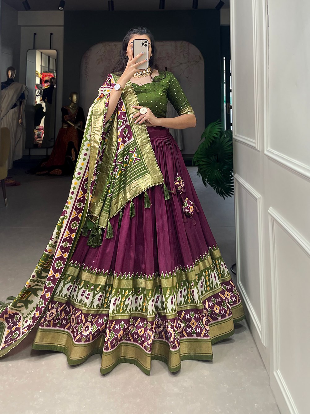 Glamgait Wine & Olive Green Patola Lehenga Choli with Banarasi Border & Printed Dupatta