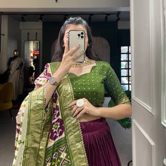 Glamgait Wine & Olive Green Patola Lehenga Choli with Banarasi Border & Printed Dupatta
