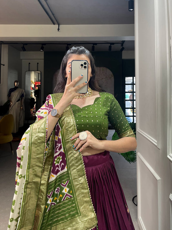 Glamgait Wine & Olive Green Patola Lehenga Choli with Banarasi Border & Printed Dupatta