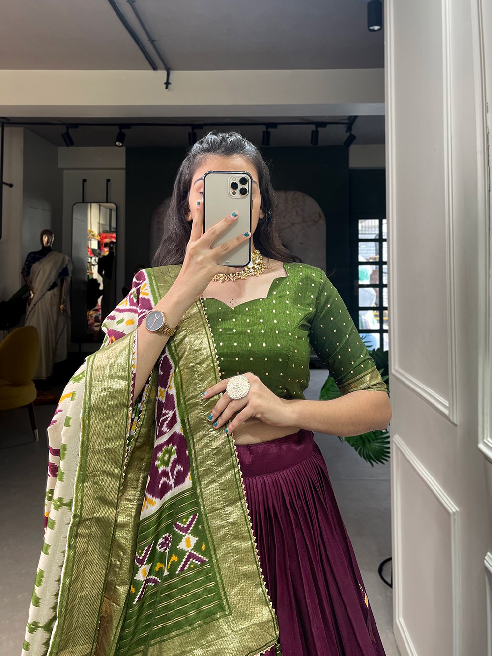 Glamgait Wine & Olive Green Patola Lehenga Choli with Banarasi Border & Printed Dupatta