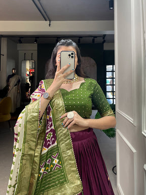 Glamgait Wine & Olive Green Patola Lehenga Choli with Banarasi Border & Printed Dupatta