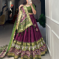 Glamgait Wine & Olive Green Patola Lehenga Choli with Banarasi Border & Printed Dupatta