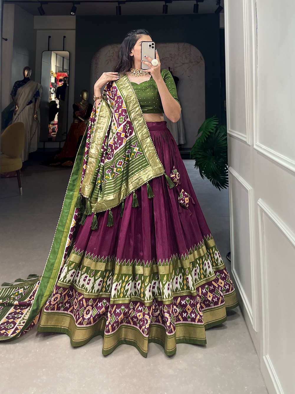 Glamgait Wine & Olive Green Patola Lehenga Choli with Banarasi Border & Printed Dupatta