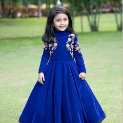 Royal Blue Velvet Embroidered Gown for Girls
