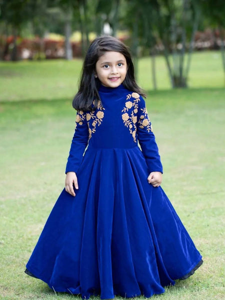 Royal Blue Velvet Embroidered Gown for Girls