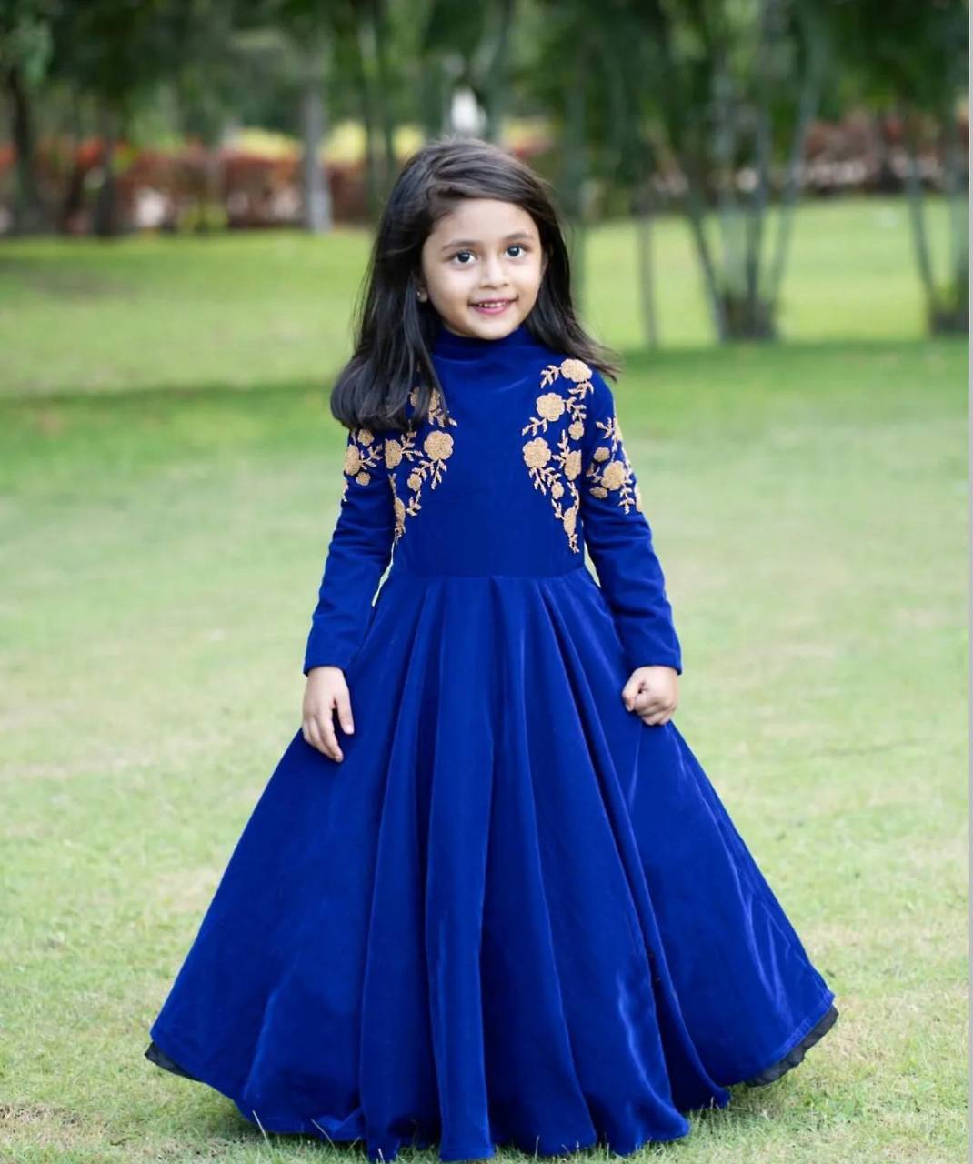 Royal Blue Velvet Embroidered Gown for Girls