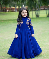 Royal Blue Velvet Embroidered Gown for Girls