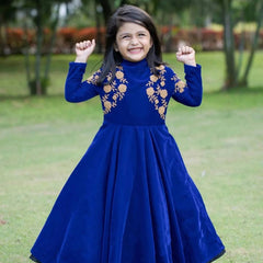 Royal Blue Velvet Embroidered Gown for Girls