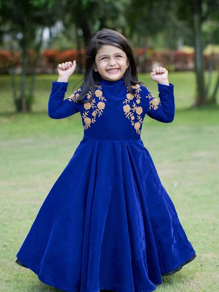 Royal Blue Velvet Embroidered Gown for Girls