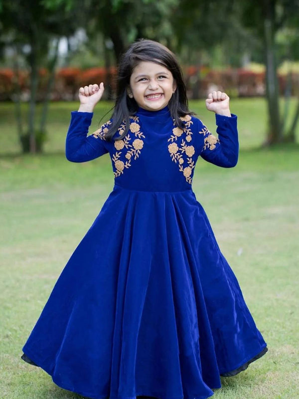 Royal Blue Velvet Embroidered Gown for Girls