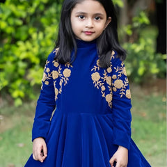 Royal Blue Velvet Embroidered Gown for Girls