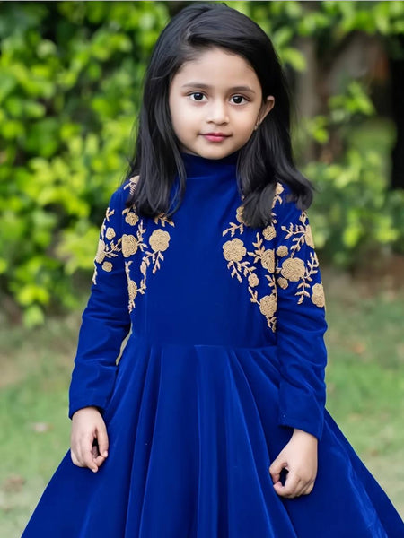 Royal Blue Velvet Embroidered Gown for Girls