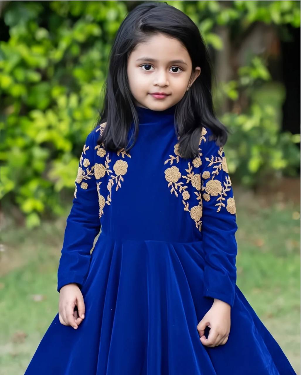 Royal Blue Velvet Embroidered Gown for Girls