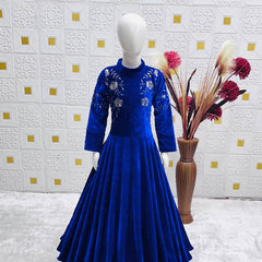 Royal Blue Velvet Embroidered Gown for Girls