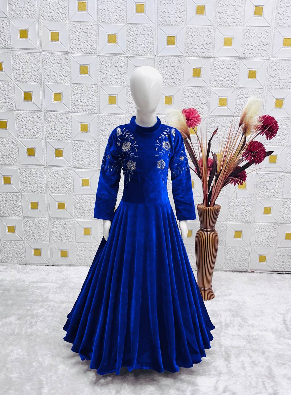 Royal Blue Velvet Embroidered Gown for Girls