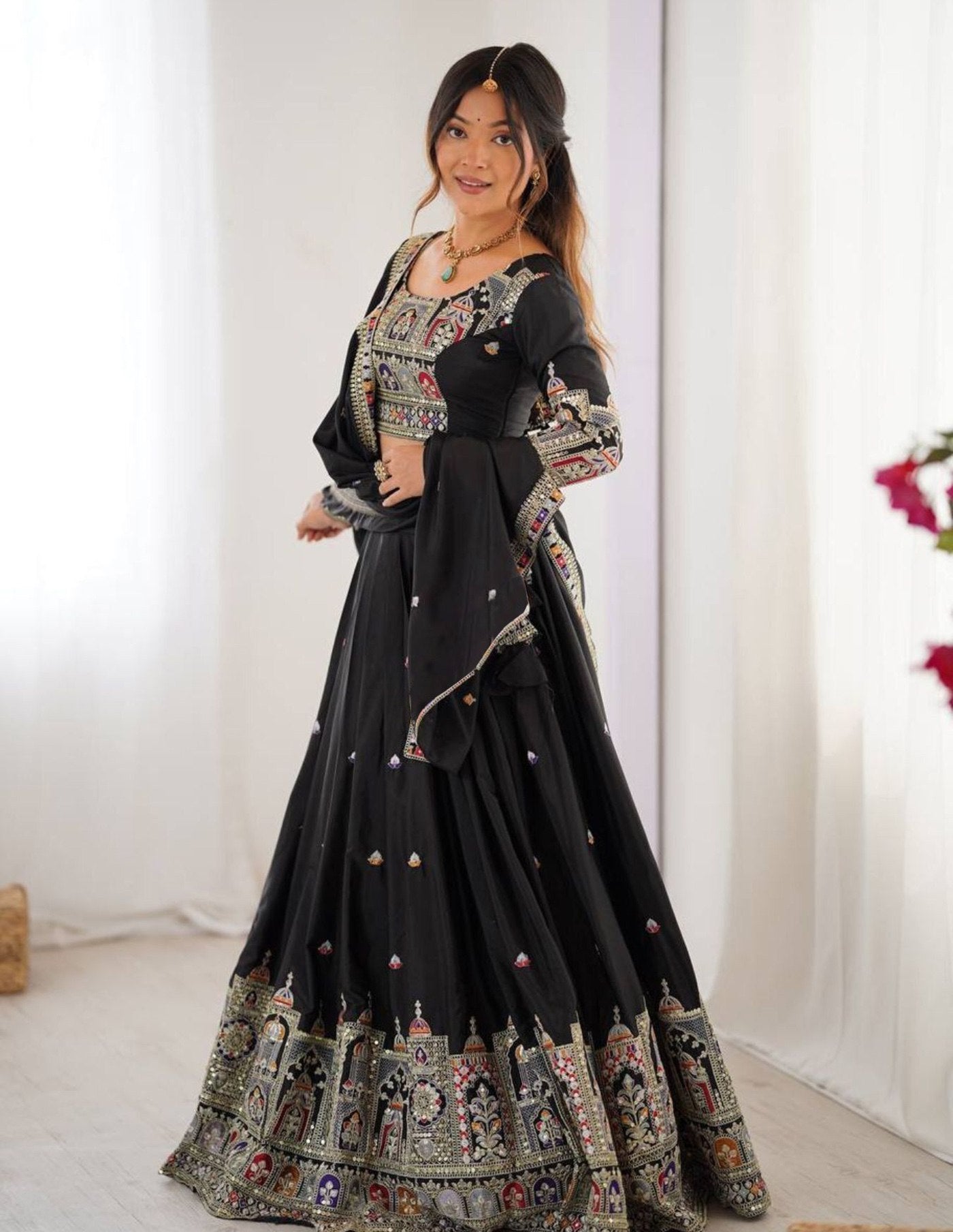 Designer Black Embroidered Lehenga Choli with Heavy Heritage Border & Dupatta