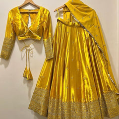 Golden Yellow Silk Lehenga Choli with Heavy Zari Embroidered Border & Dupatta