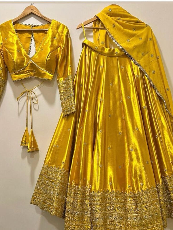 Golden Yellow Silk Lehenga Choli with Heavy Zari Embroidered Border & Dupatta