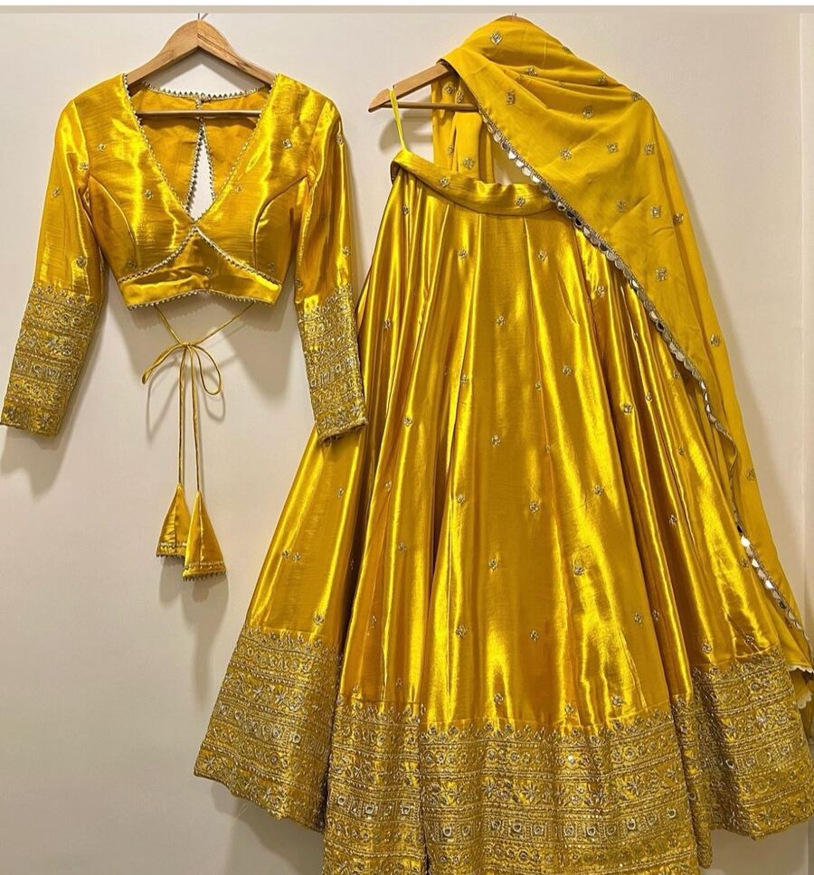 Golden Yellow Silk Lehenga Choli with Heavy Zari Embroidered Border & Dupatta