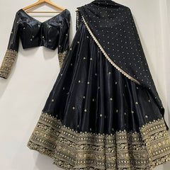 Elegant Black Silk Lehenga Choli with Heavy Gold Embroidered Border & Dupatta