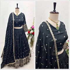 Elegant Black Silk Lehenga Choli with Heavy Gold Embroidered Border & Dupatta