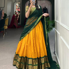 Mustard Yellow Silk Lehenga Choli with Green Dupatta & Zari Border