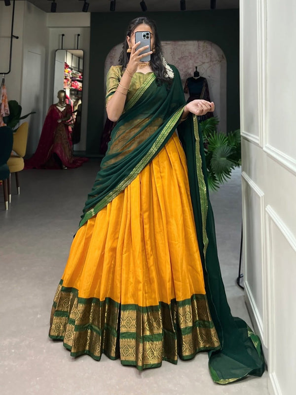 Mustard Yellow Silk Lehenga Choli with Green Dupatta & Zari Border