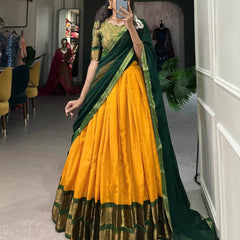 Mustard Yellow Silk Lehenga Choli with Green Dupatta & Zari Border